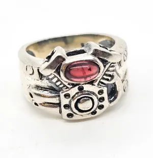 Twin Cam Engine block solid sterling silver garnet gemstone ring size 6