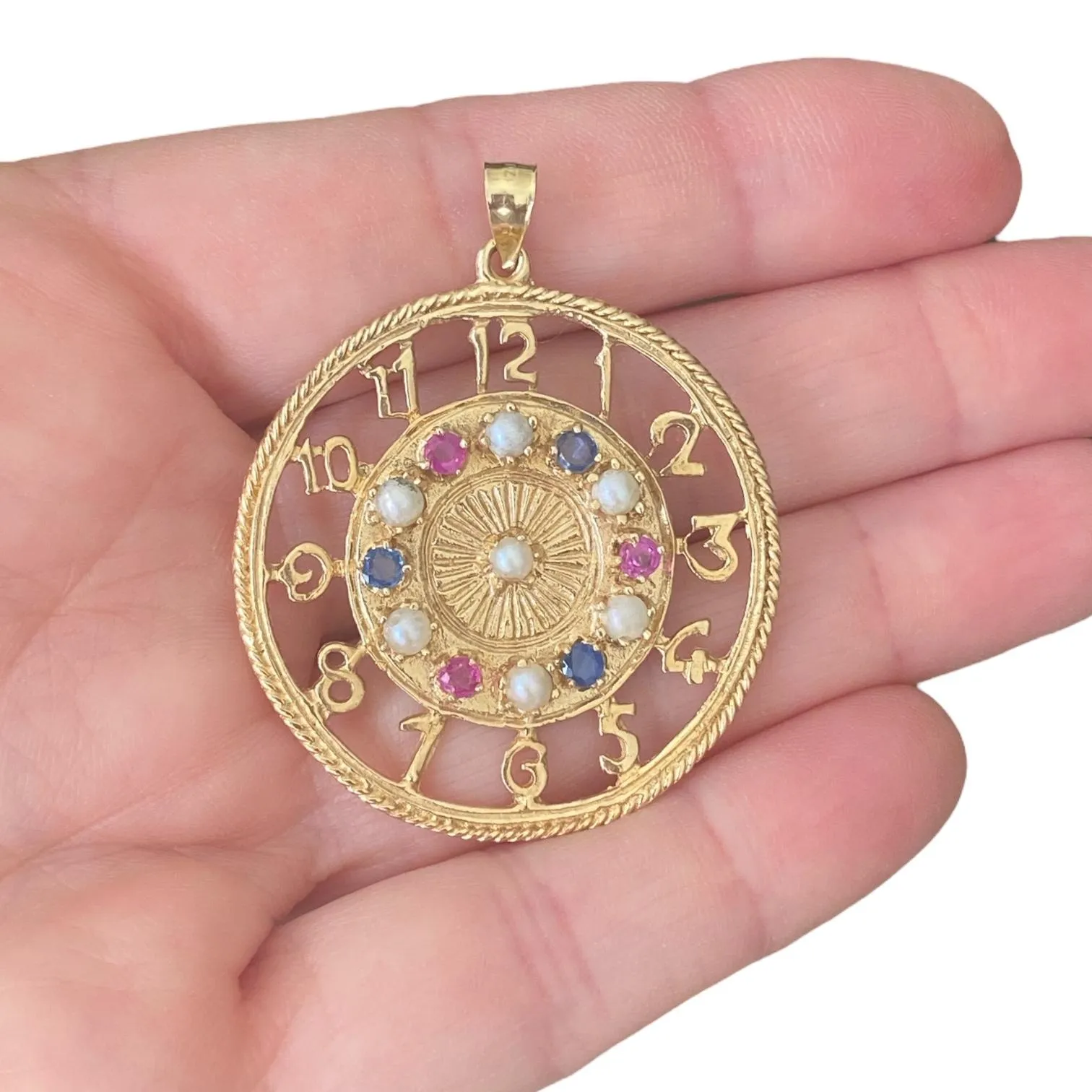 Vintage 14K Ruby Sapphire Pearl Large Charm Pendant
