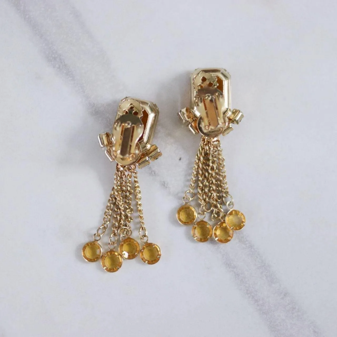 Vintage Amber Rhinestone Earrings with Dangling Bezel Set Rhinestone Tassels