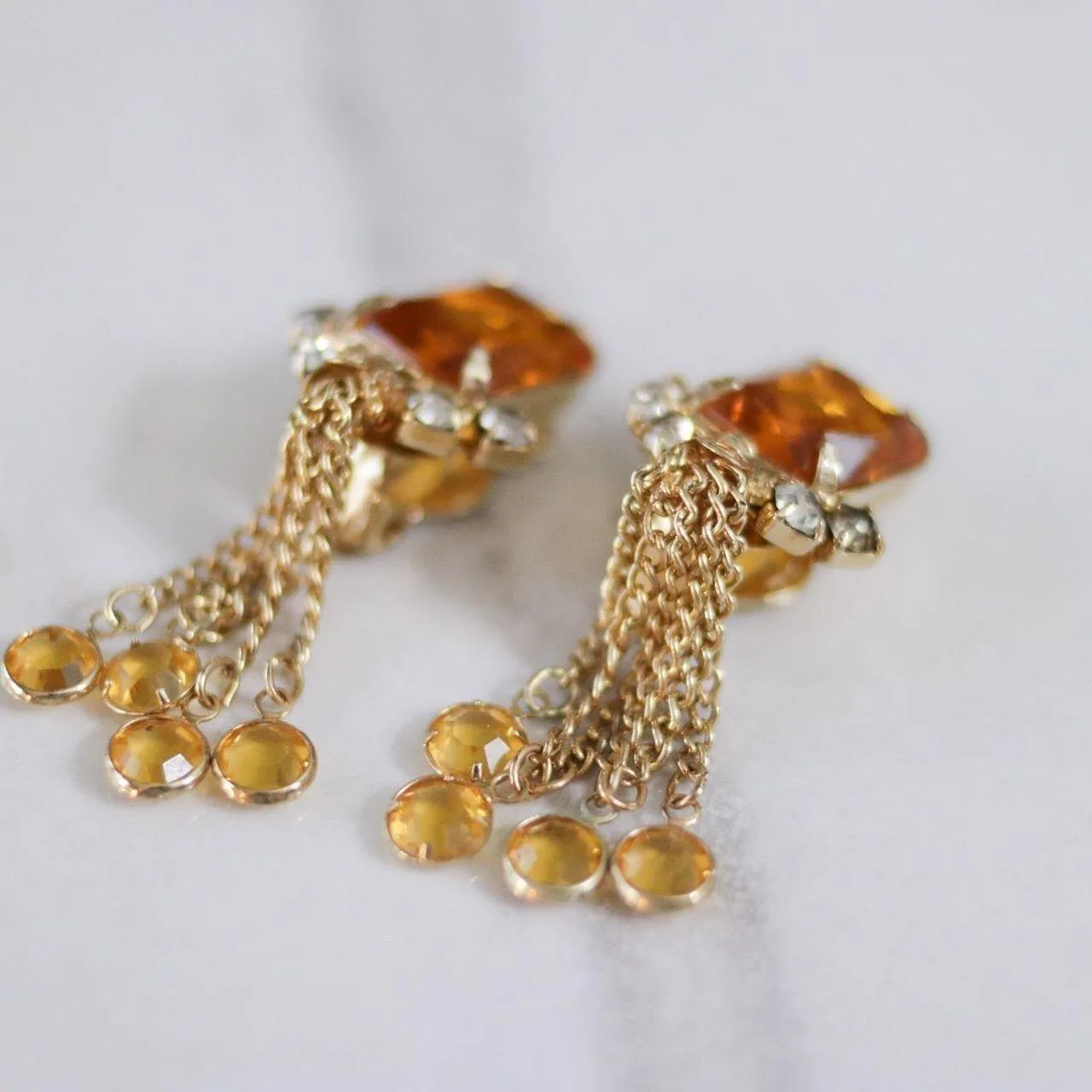 Vintage Amber Rhinestone Earrings with Dangling Bezel Set Rhinestone Tassels