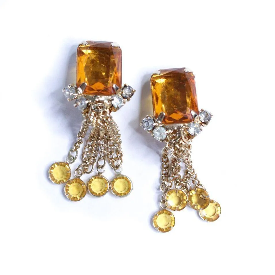 Vintage Amber Rhinestone Earrings with Dangling Bezel Set Rhinestone Tassels
