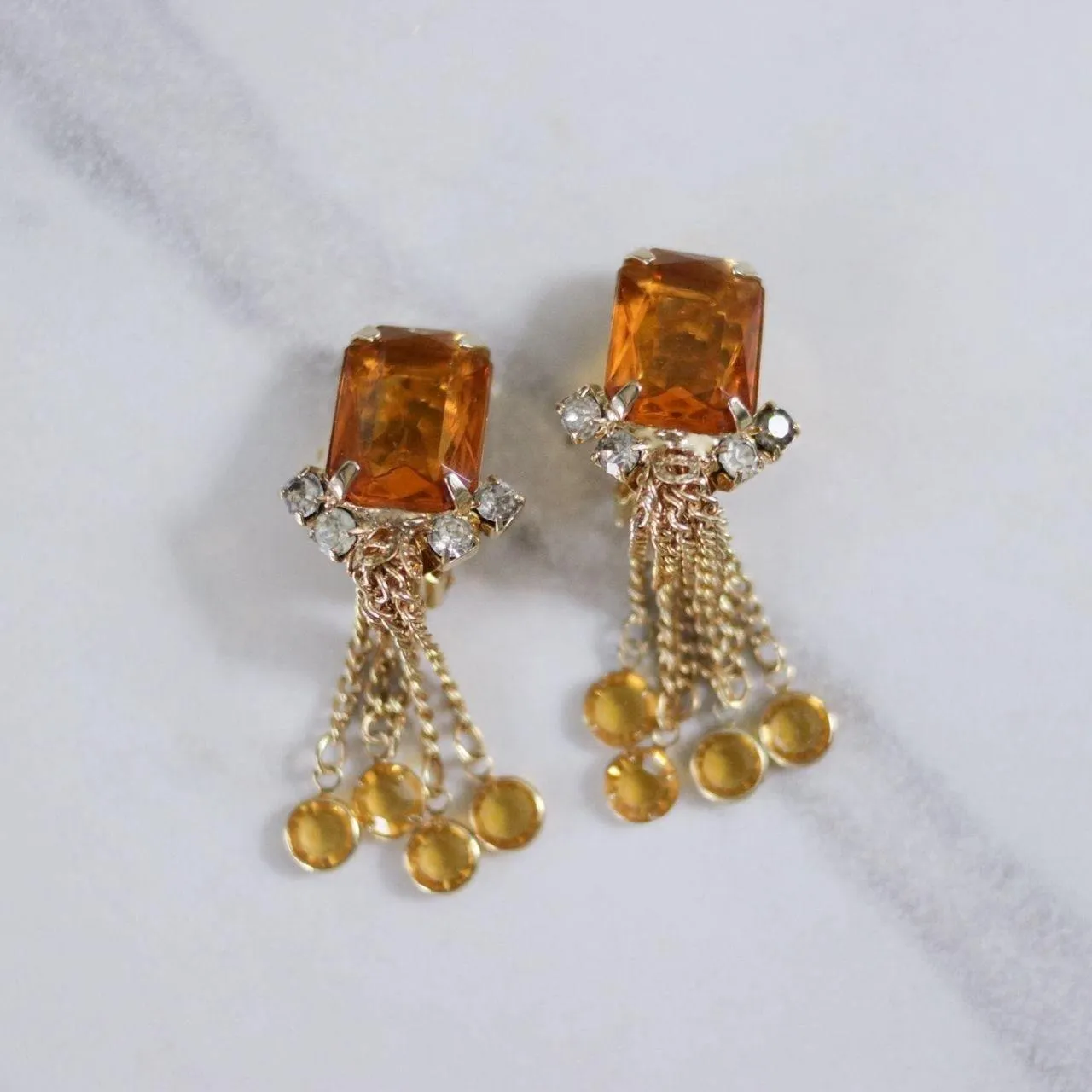 Vintage Amber Rhinestone Earrings with Dangling Bezel Set Rhinestone Tassels