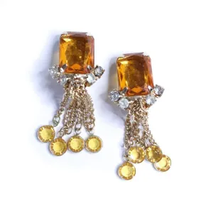 Vintage Amber Rhinestone Earrings with Dangling Bezel Set Rhinestone Tassels