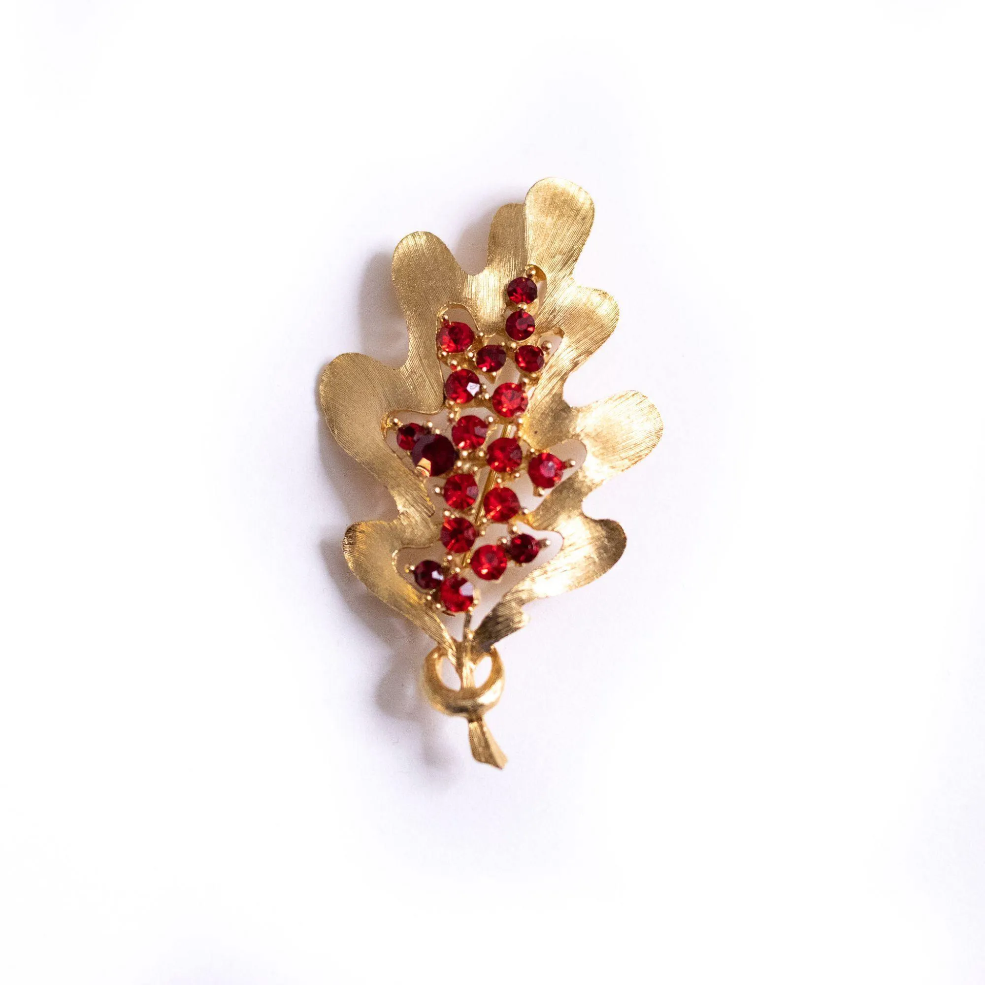Vintage Gold Leaf and Red Rhinestone Brooch
