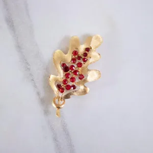 Vintage Gold Leaf and Red Rhinestone Brooch