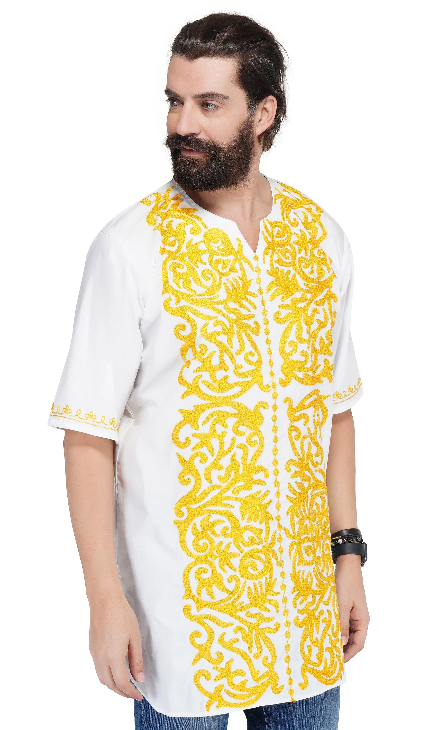 White Gold Embroidered Long Dashiki Shirt For Men