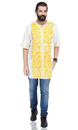 White Gold Embroidered Long Dashiki Shirt For Men