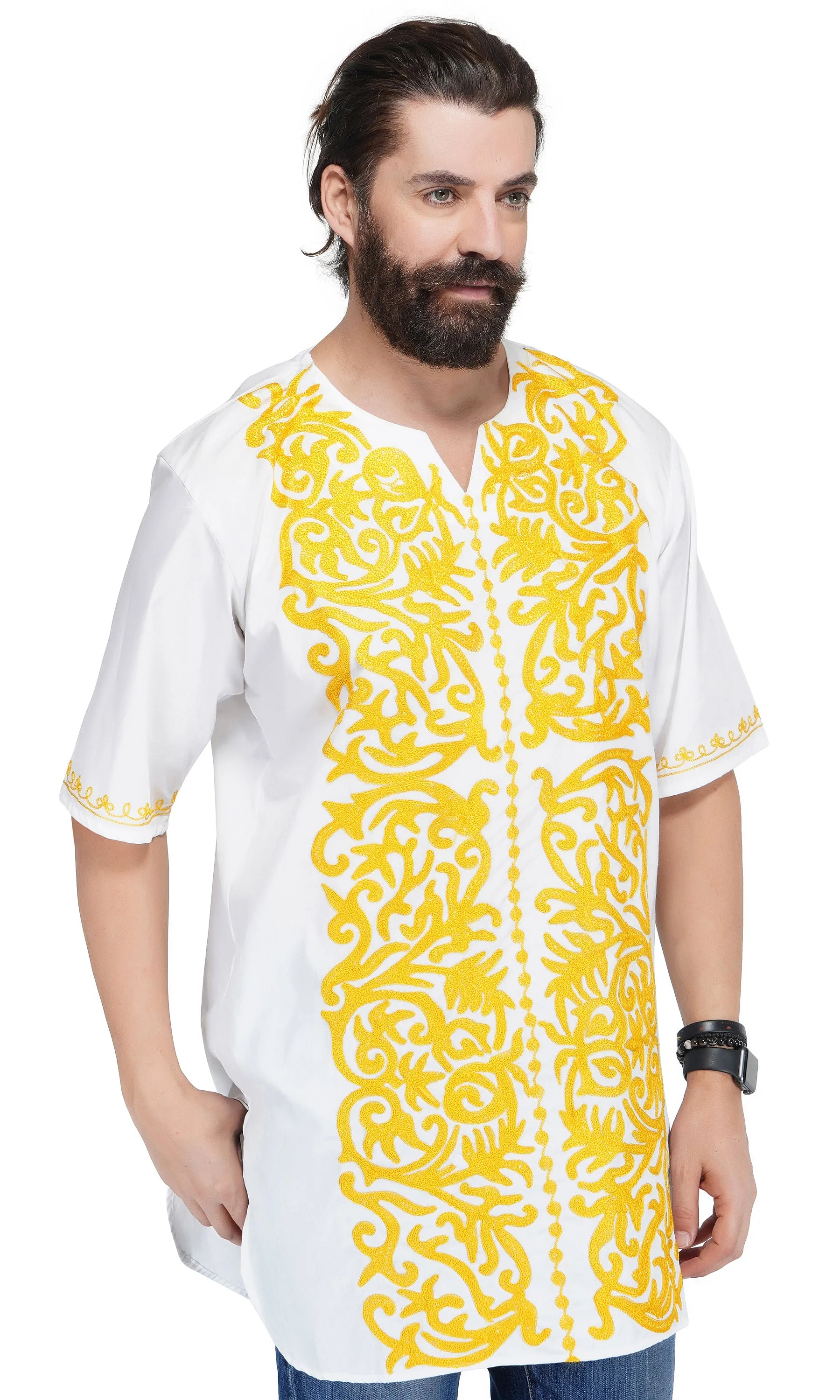 White Gold Embroidered Long Dashiki Shirt For Men