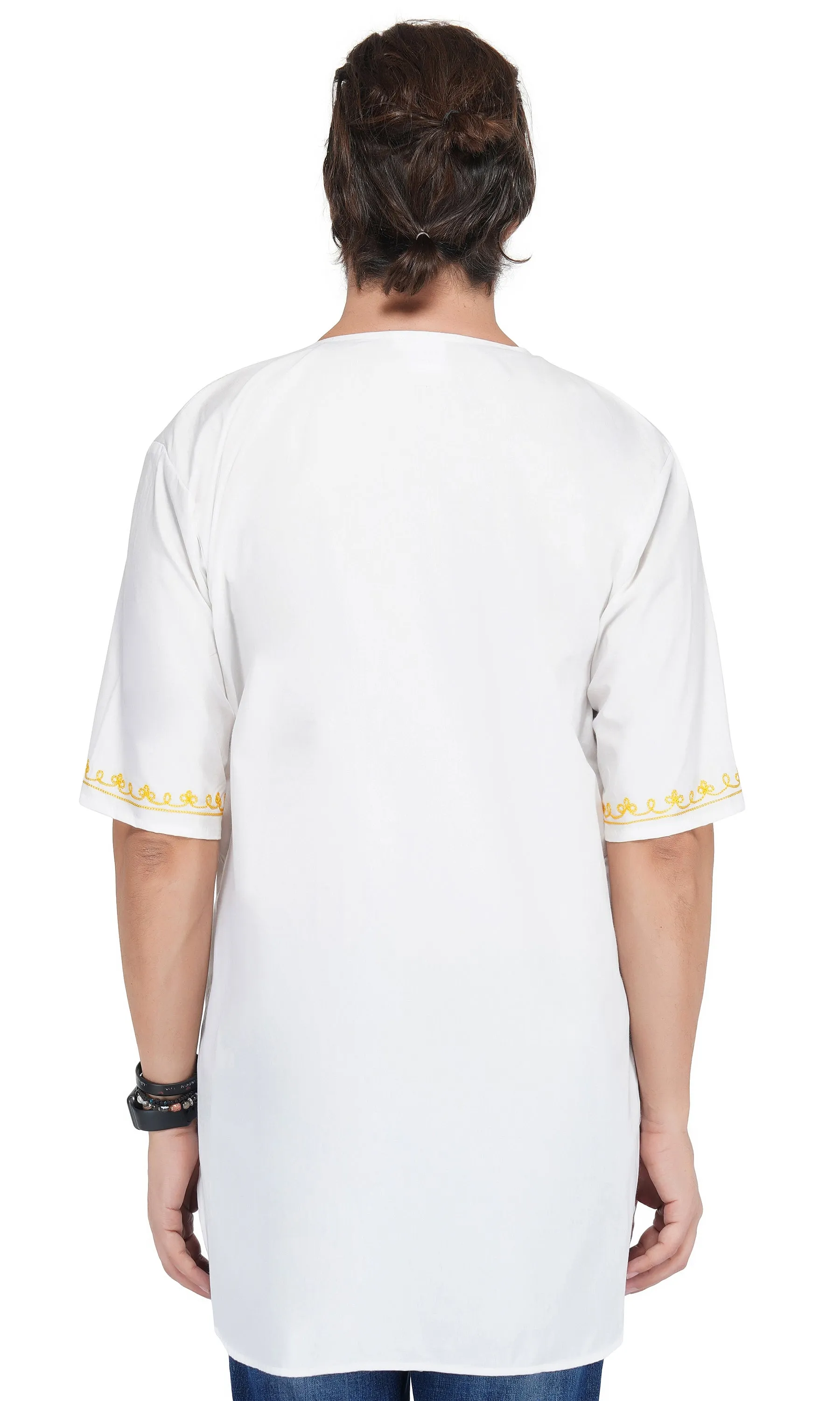 White Gold Embroidered Long Dashiki Shirt For Men