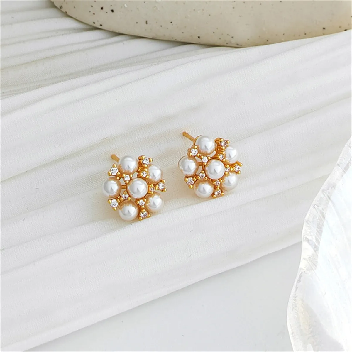 White Pearl & Cubic Zirconia 18K Gold-Plated Round Stud Earrings