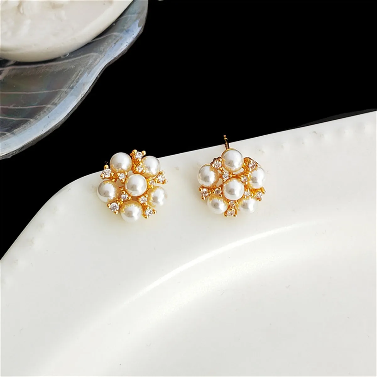 White Pearl & Cubic Zirconia 18K Gold-Plated Round Stud Earrings
