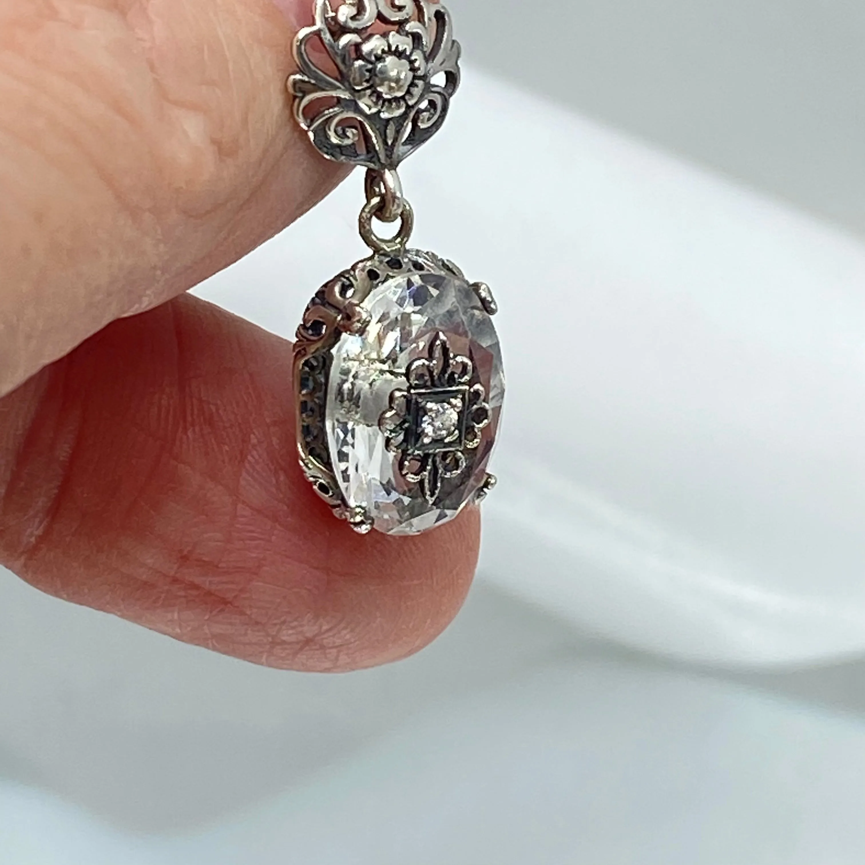 White Topaz Pendant, Embellished Edwardian Necklace #P70e