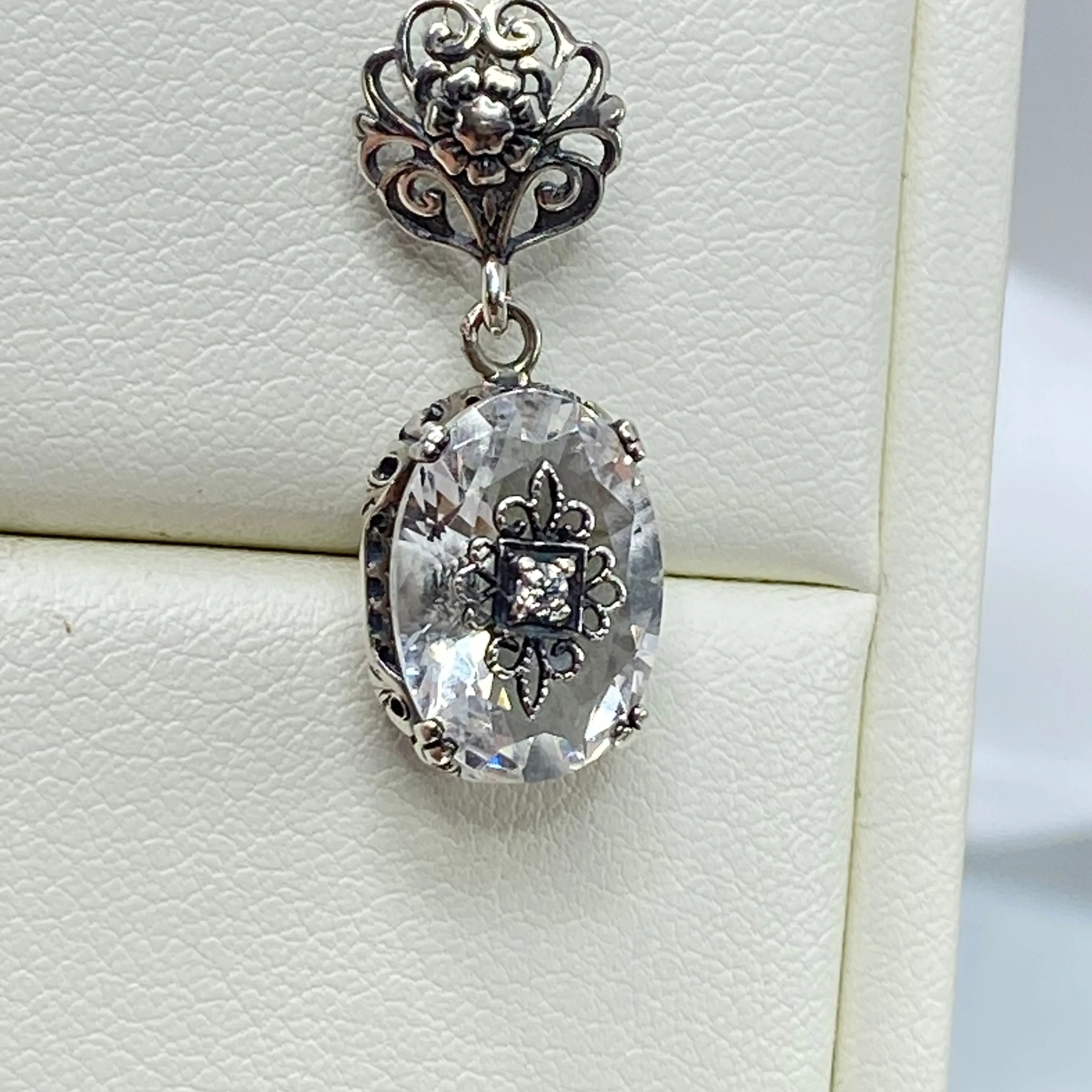 White Topaz Pendant, Embellished Edwardian Necklace #P70e