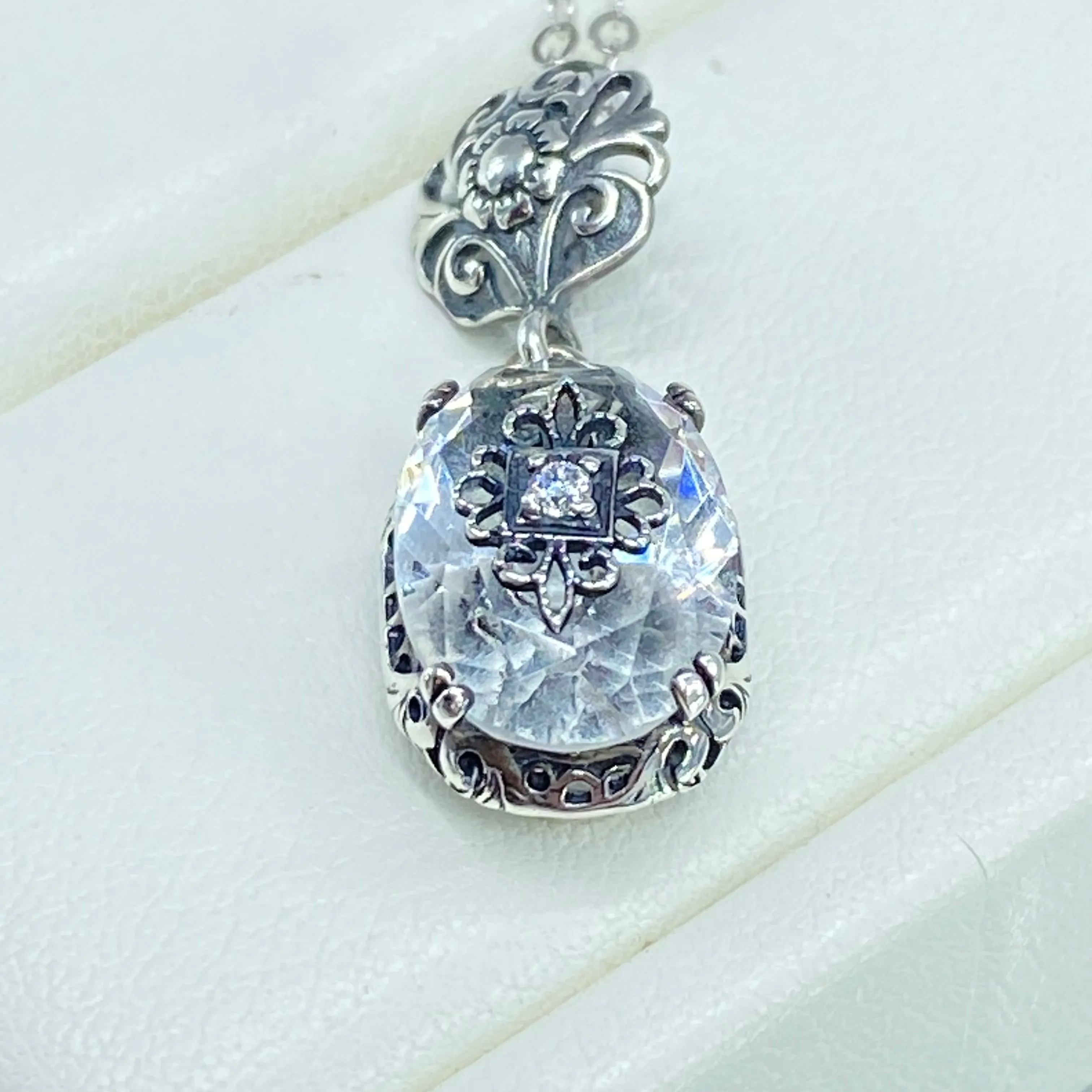 White Topaz Pendant, Embellished Edwardian Necklace #P70e