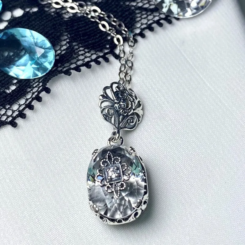 White Topaz Pendant, Embellished Edwardian Necklace #P70e