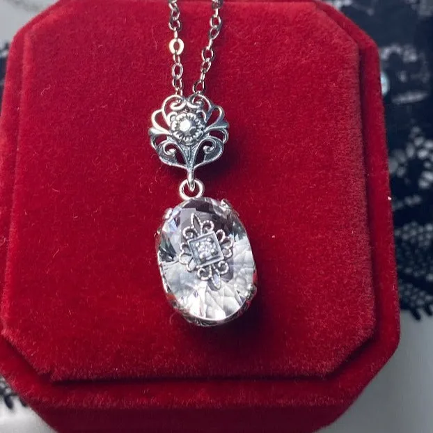 White Topaz Pendant, Embellished Edwardian Necklace #P70e