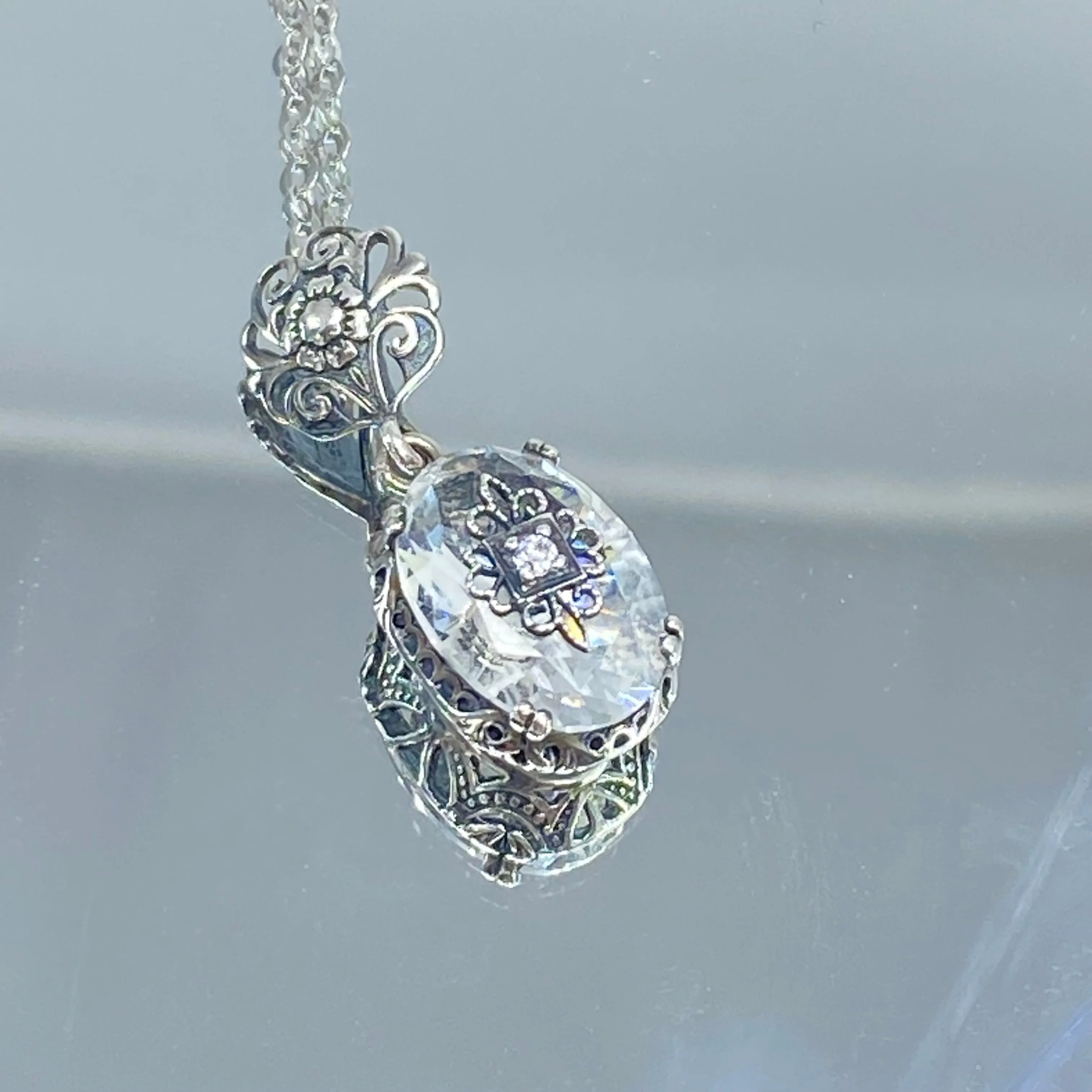 White Topaz Pendant, Embellished Edwardian Necklace #P70e