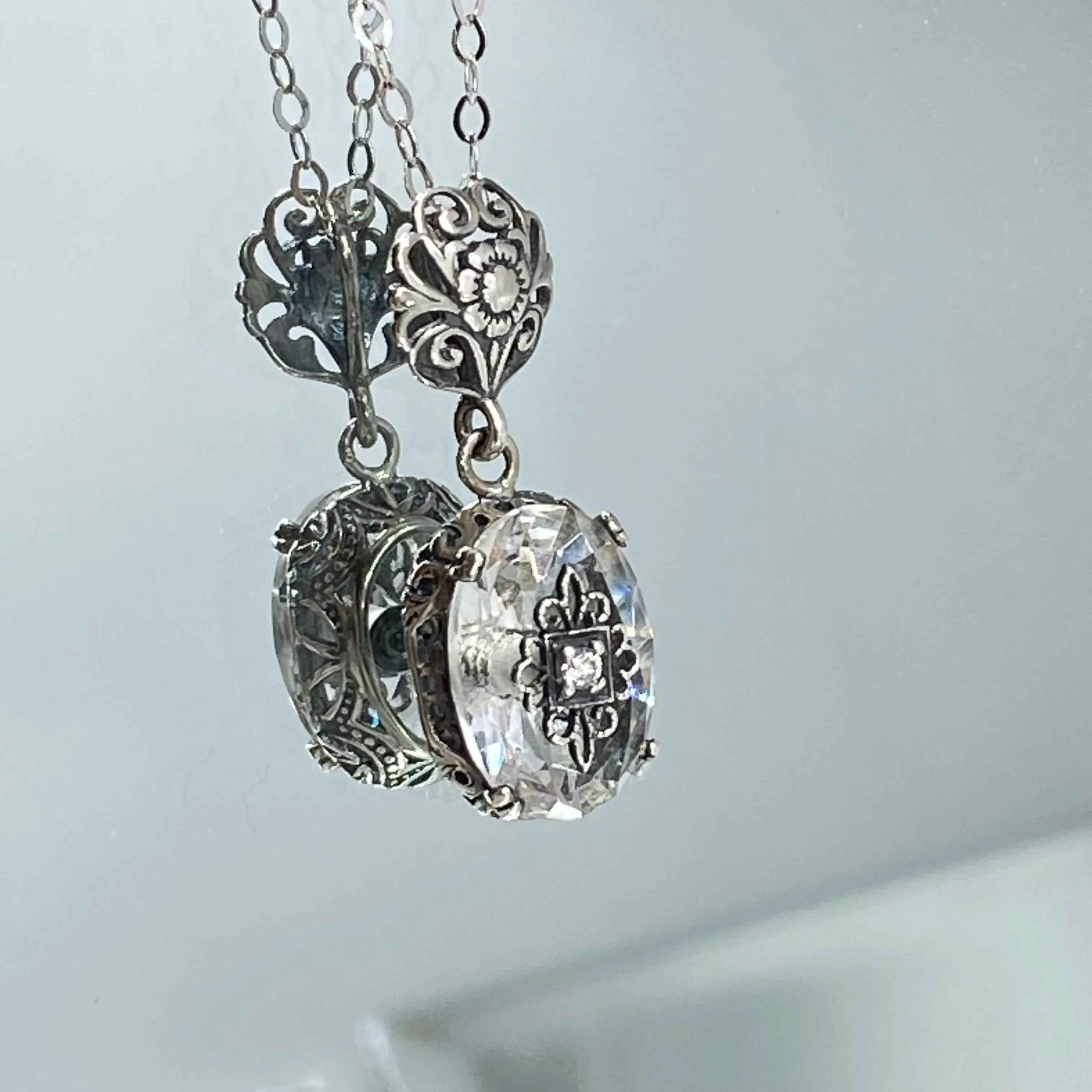 White Topaz Pendant, Embellished Edwardian Necklace #P70e