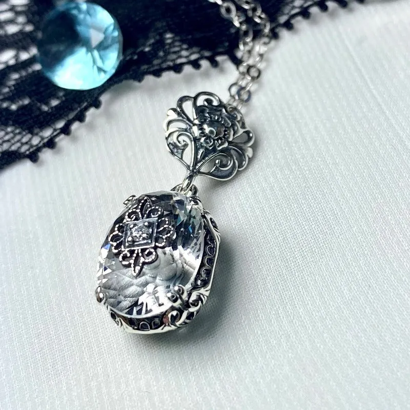 White Topaz Pendant, Embellished Edwardian Necklace #P70e