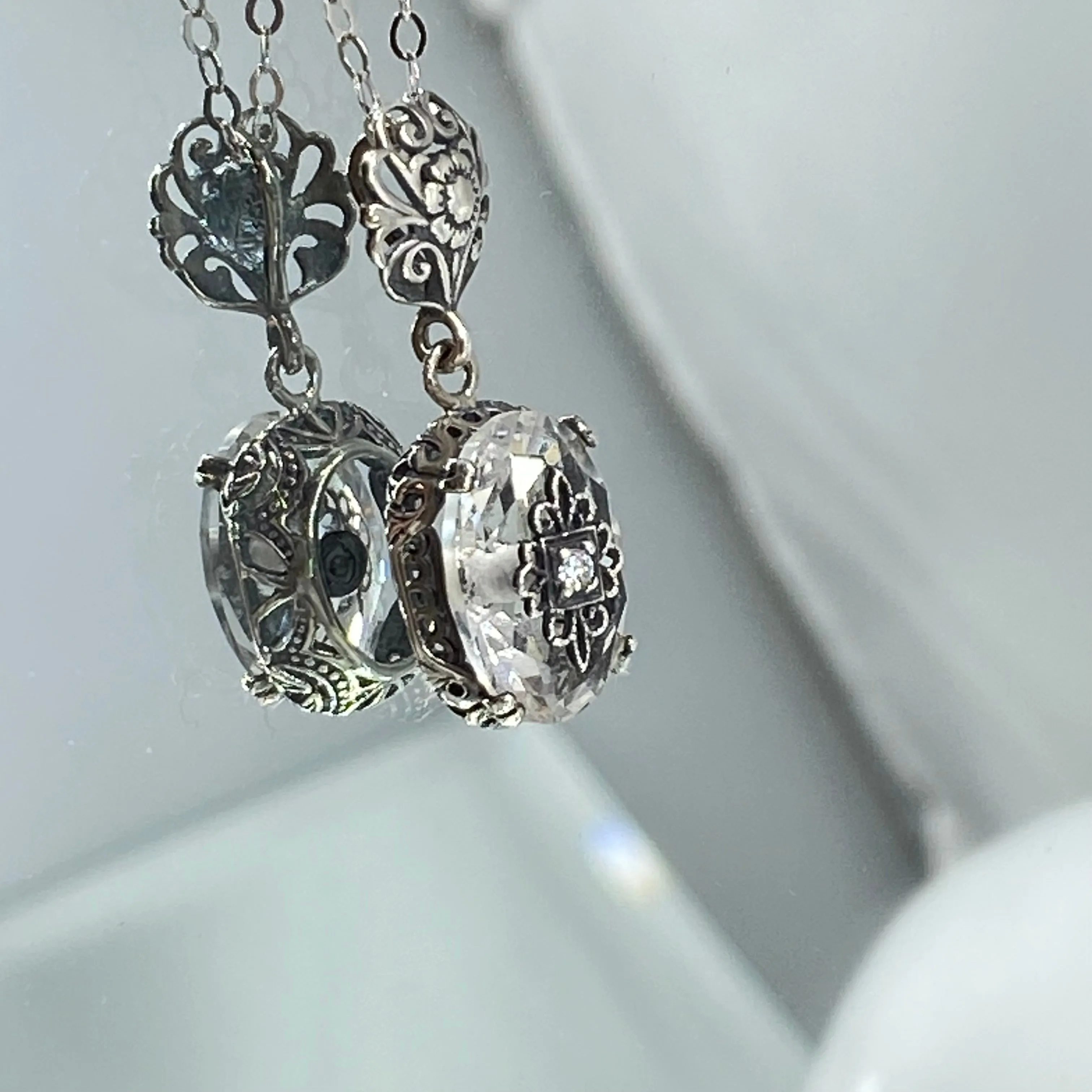 White Topaz Pendant, Embellished Edwardian Necklace #P70e