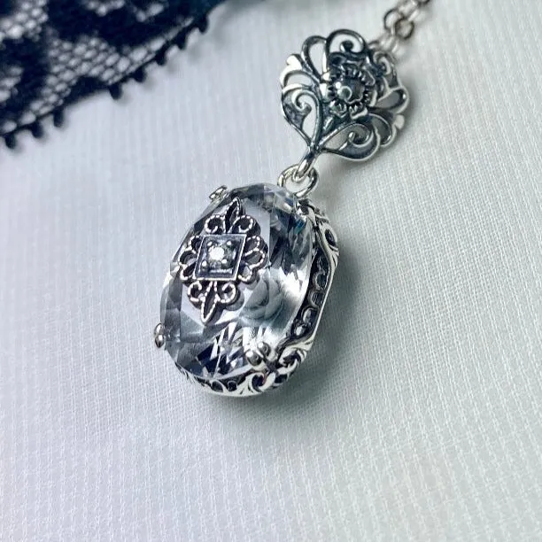 White Topaz Pendant, Embellished Edwardian Necklace #P70e