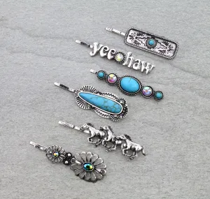 Wild & Free Turquoise & Rhinestone Fashion Silver Concho 5 Piece Hair Pin Set